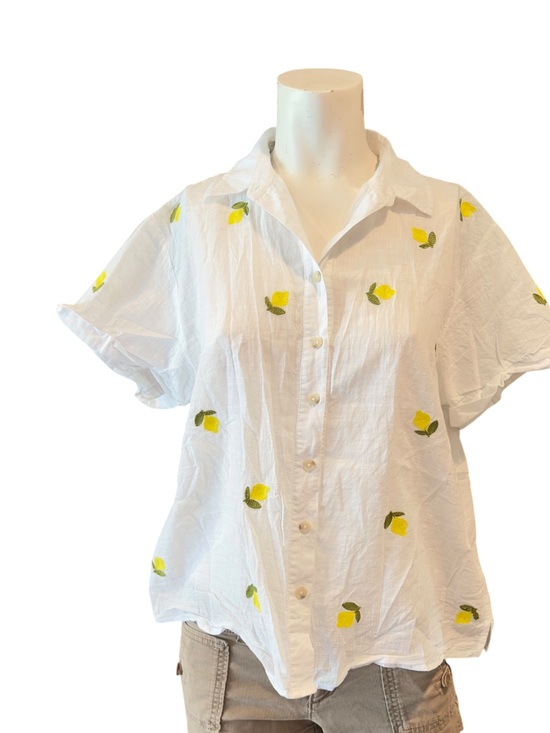 Maeve Tops - Anthropologie MAEVE EMBROIDERED Fruit Surf Shirt TOP BLOUSE LEMONS WHITE S- EUC